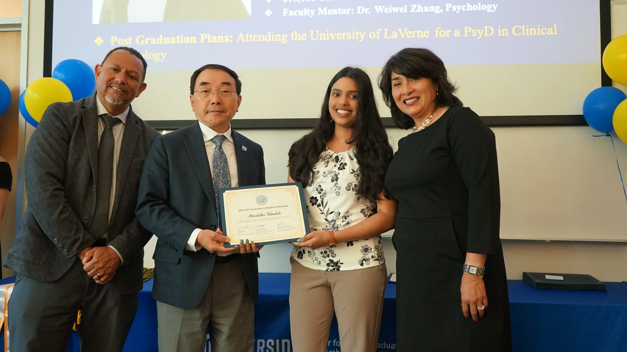 Harshitha Nandula receives recognition as a UCR Chancellor’s Research Fellow.