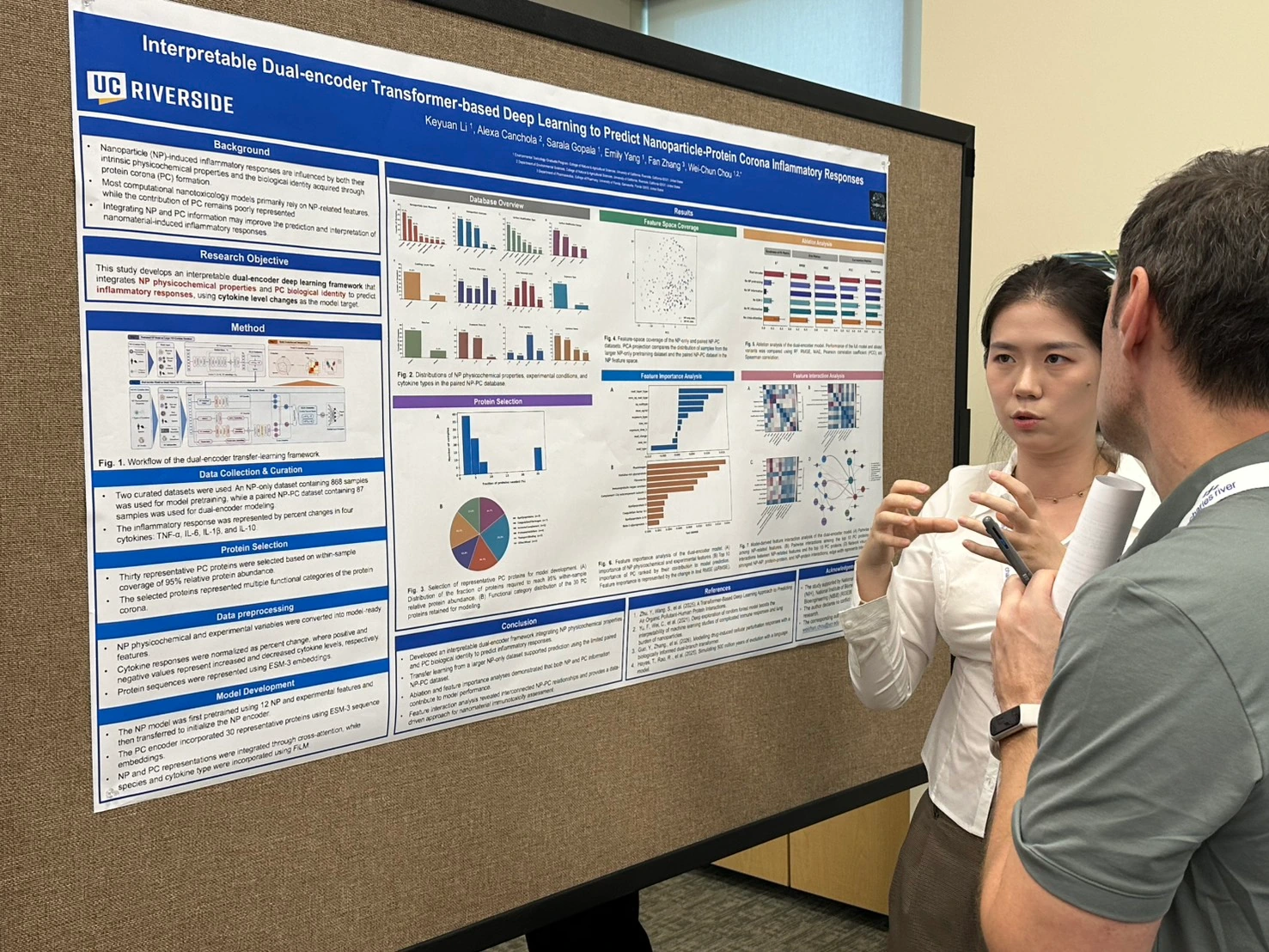 Keyuan Li presents Chou Lab research on AI-enabled prediction of nanoparticle–protein corona inflammatory responses.